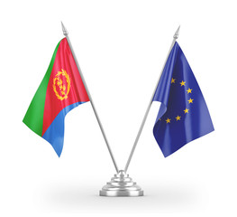 European Union and Eritrea table flags isolated on white 3D rendering