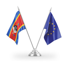 European Union and Eswatini Swaziland table flags isolated on white 3D rendering