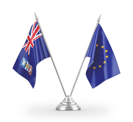 European Union and Falkland Islands table flags isolated on white 3D rendering