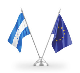 European Union and Honduras table flags isolated on white 3D rendering