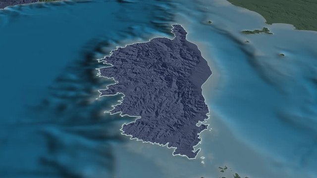 Corse, region with its capital, zoomed and extruded on the administrative map of France in the conformal Stereographic projection. Animation 3D