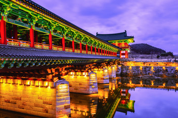 Woljeong Bridge and river at night of Gyeongju city, South Korea.