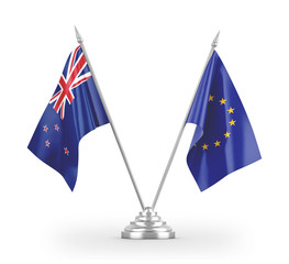 European Union and New Zealand table flags isolated on white 3D rendering