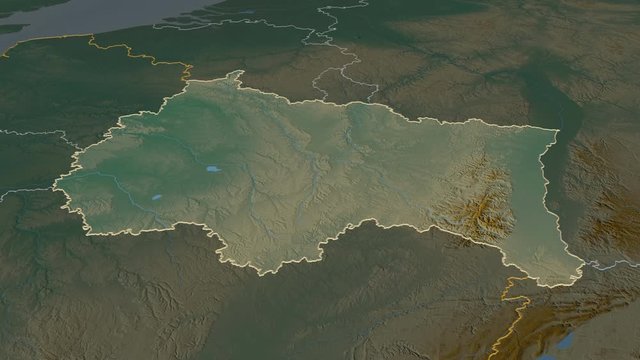 Grand Est, region with its capital, zoomed and extruded on the relief map of France in the conformal Stereographic projection. Animation 3D