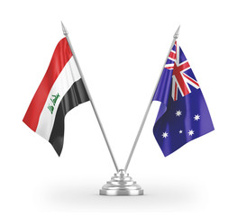 Australia and Iraq table flags isolated on white 3D rendering