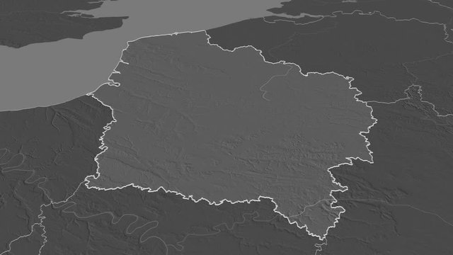 Hauts-de-France, region with its capital, zoomed and extruded on the bilevel map of France in the conformal Stereographic projection. Animation 3D