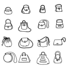 Funny woman handbags, background. Set bags - flayer for retail design. Fashion accessories - drawn card for invitation.