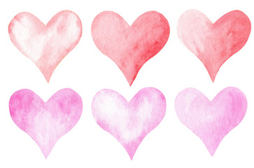 Hand drawn watercolor pink and red heart set. Cute hearts collection isolated on white background.