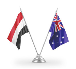 Australia and Yemen table flags isolated on white 3D rendering