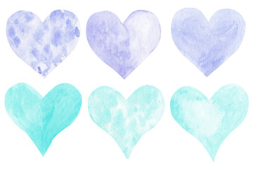Hand painted watercolor blue and violet hearts set. Cute hearts collection isolated on white background.