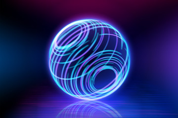 Neon color geometric circle sphere on a dark background. Sphere structure, luminous line, neon sign. Reflection of blue and pink neon light on the floor. Rays of light in the dark. Vector. EPS 10