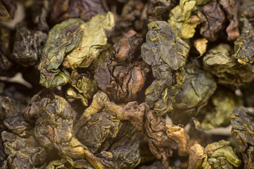 Exotic dried tea from china. Different varieties of rare black and green teas. Puerh, Tieguanyin, Da Hong Pao, Oolong