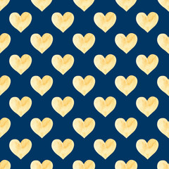 Seamless pattern with yellow hand drawn watercolor heart. Hand painted pattern.