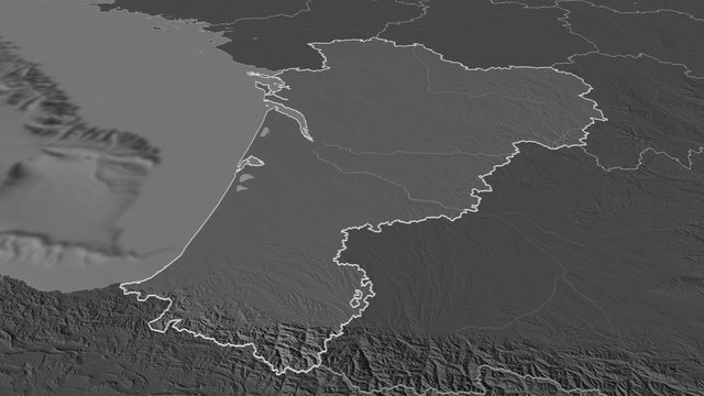 Nouvelle-Aquitaine, region with its capital, zoomed and extruded on the bilevel map of France in the conformal Stereographic projection. Animation 3D