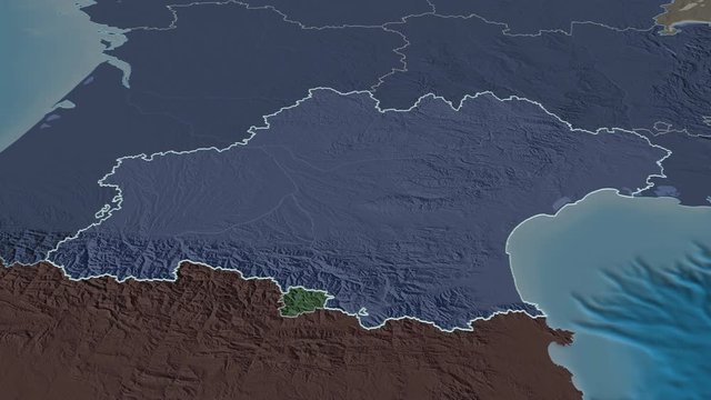 Occitanie, region with its capital, zoomed and extruded on the administrative map of France in the conformal Stereographic projection. Animation 3D