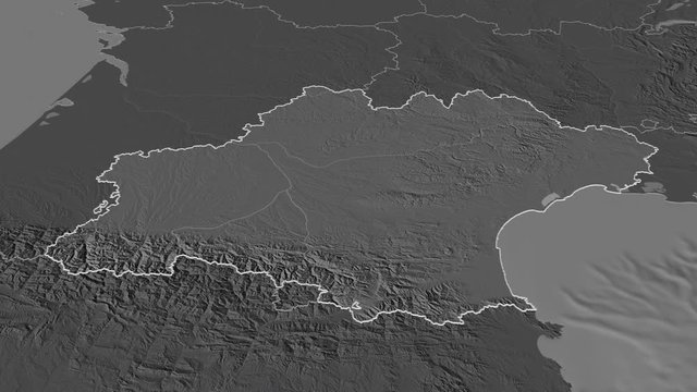 Occitanie, region with its capital, zoomed and extruded on the bilevel map of France in the conformal Stereographic projection. Animation 3D