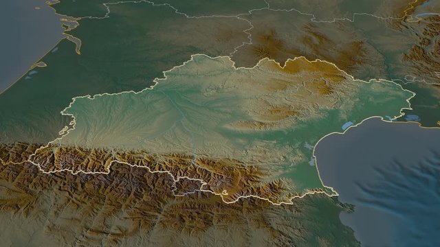 Occitanie, region with its capital, zoomed and extruded on the relief map of France in the conformal Stereographic projection. Animation 3D