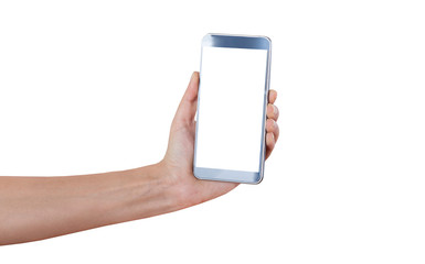 hand holding smart phone isolated on white