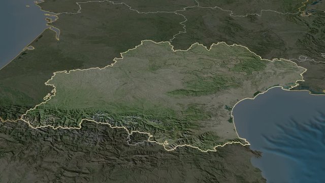 Occitanie, region with its capital, zoomed and extruded on the satellite map of France in the conformal Stereographic projection. Animation 3D