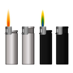 Vector template - Blank White and Black Plastic Metal Lighters with Flame, Close up Isolated on White Background. Set Tool for smoker. Vector illustration.