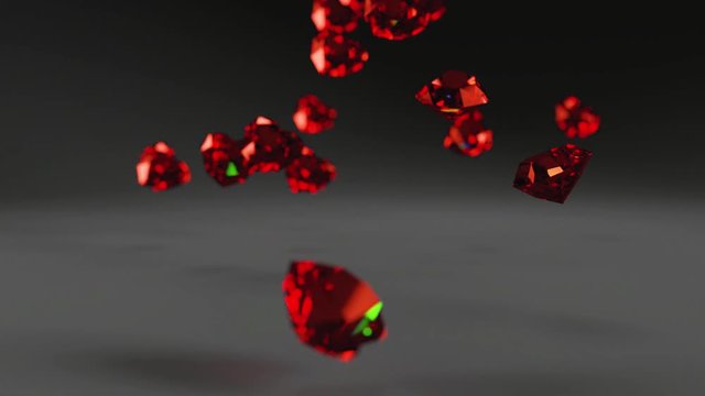 3d rendered illustration red sapphire stones in heart shape on the reflective surface