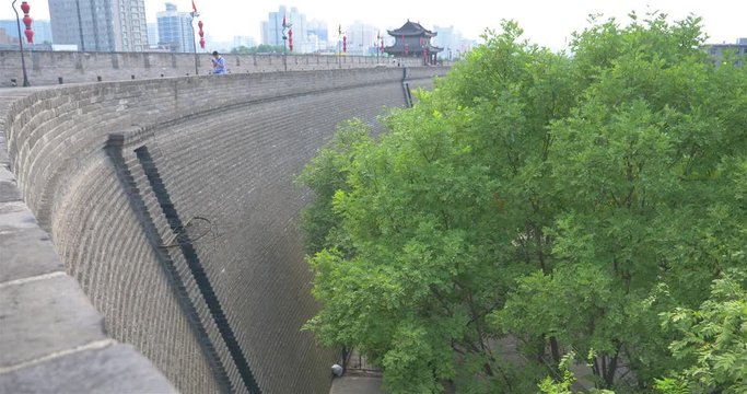 Famous Chinese ancient architecture stone city wall in Xian China