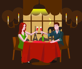 Couple romantic dinner date sitting at a set table in a dark room by a window overlooking Paris in the night sky drinking wine, candles, Vector illustration in flat style.