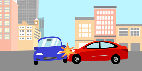 Car accident concept vector illustration. Red car crash with another blue car on the road.