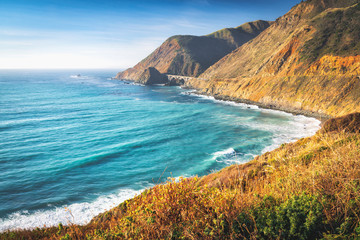 Big Sur, California Coast. Scenic view of cliffs and ocean, California State Route 1, Monterey County