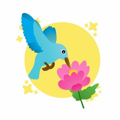 Illustration of Blue Bird and Pink Flower Cartoon, Cute Funny Character, Flat Design