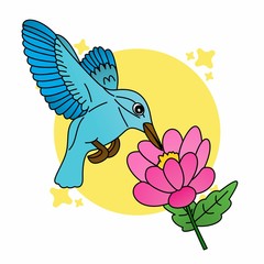 Illustration of Blue Bird and Pink Flower Cartoon, Cute Funny Character, Flat Design