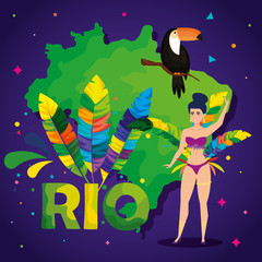 poster of carnival rio with exotic dancer woman and icons traditionals vector illustration design