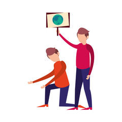 young men protesting with earth planet in label characters