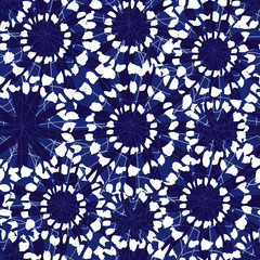 Vector blue and white abstract floral shibori circles 02 overlap pattern. Suitable for textile, gift wrap and wallpaper.