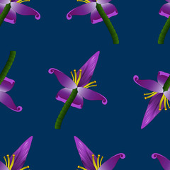 Obraz na płótnie Canvas Endless vector pattern of a blooming banana. Exotic inflorescence. Tropical abstraction on a blue background. Idea for wallpaper, cover, decoration. Paradise print.