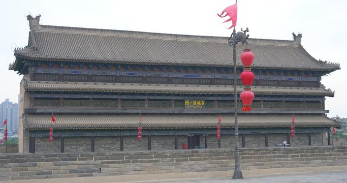 Famous Chinese ancient architecture stone city wall in Xian China