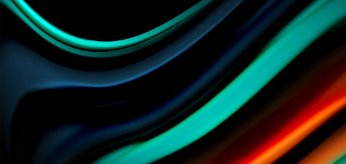 Abstract silk smooth lines on black, multicolored liquid fluid rainbow style waves on black