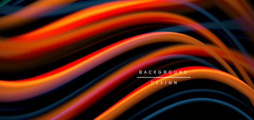 Abstract silk smooth lines on black, multicolored liquid fluid rainbow style waves on black