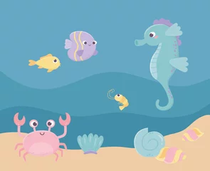 Wall murals Sea life seahorse fishes crab shrimp sand life cartoon under the sea