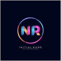 Initial letter NR curve rounded logo, gradient vibrant colorful glossy colors on black background