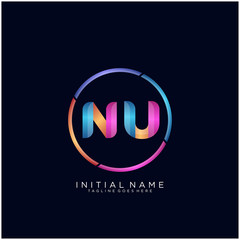 Initial letter NU curve rounded logo, gradient vibrant colorful glossy colors on black background