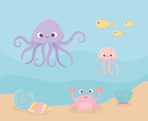 crab snail jellyfish octopus fishes sand life cartoon under the sea
