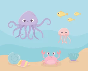 Washable wall murals Sea life crab snail jellyfish octopus fishes sand life cartoon under the sea