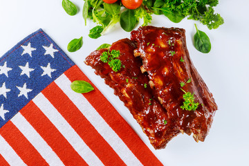 Pork spare ribs with american flag for US holiday.