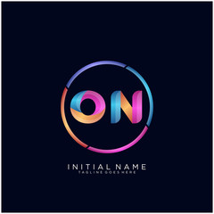 Initial letter ON curve rounded logo, gradient vibrant colorful glossy colors on black background