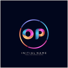 Initial letter OP curve rounded logo, gradient vibrant colorful glossy colors on black background