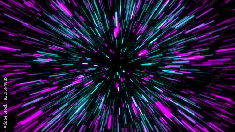 Poster 3d rendering hyper jump into another galaxy. speed of light, neon glowing rays in motion, movement t