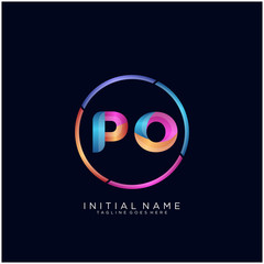 Initial letter PO curve rounded logo, gradient vibrant colorful glossy colors on black background