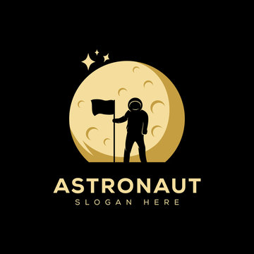 astronaut with moon logo, sihouette night moon logo design vector template