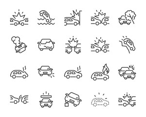set of car accident icons, crash, steal, insurance, vehicle